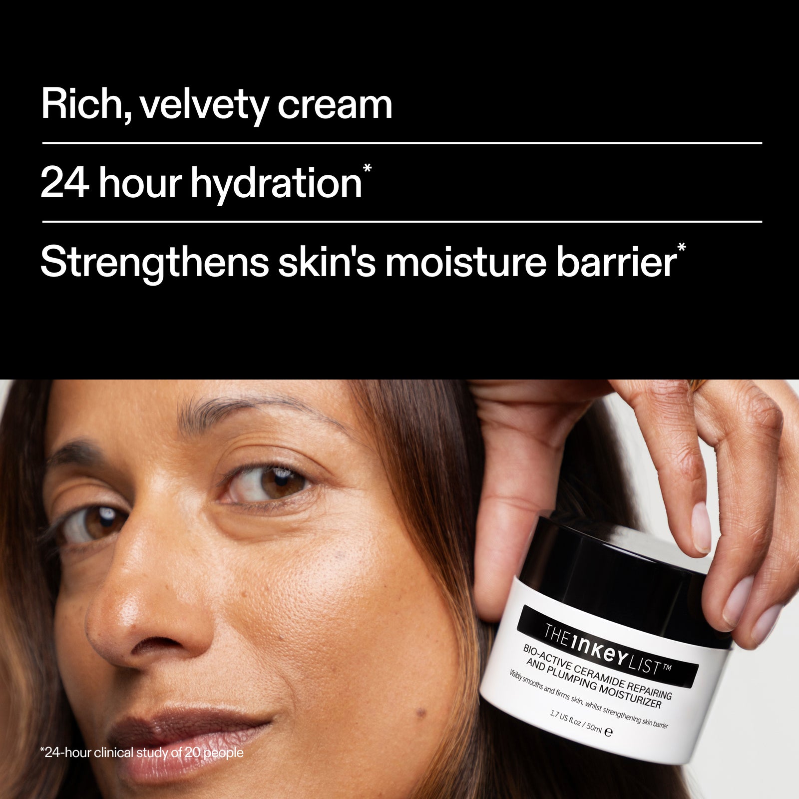 Model applying The INKEY List Bio-Active Ceramide Moisturiser – 24 hour hydration that strengthens the skin barrier