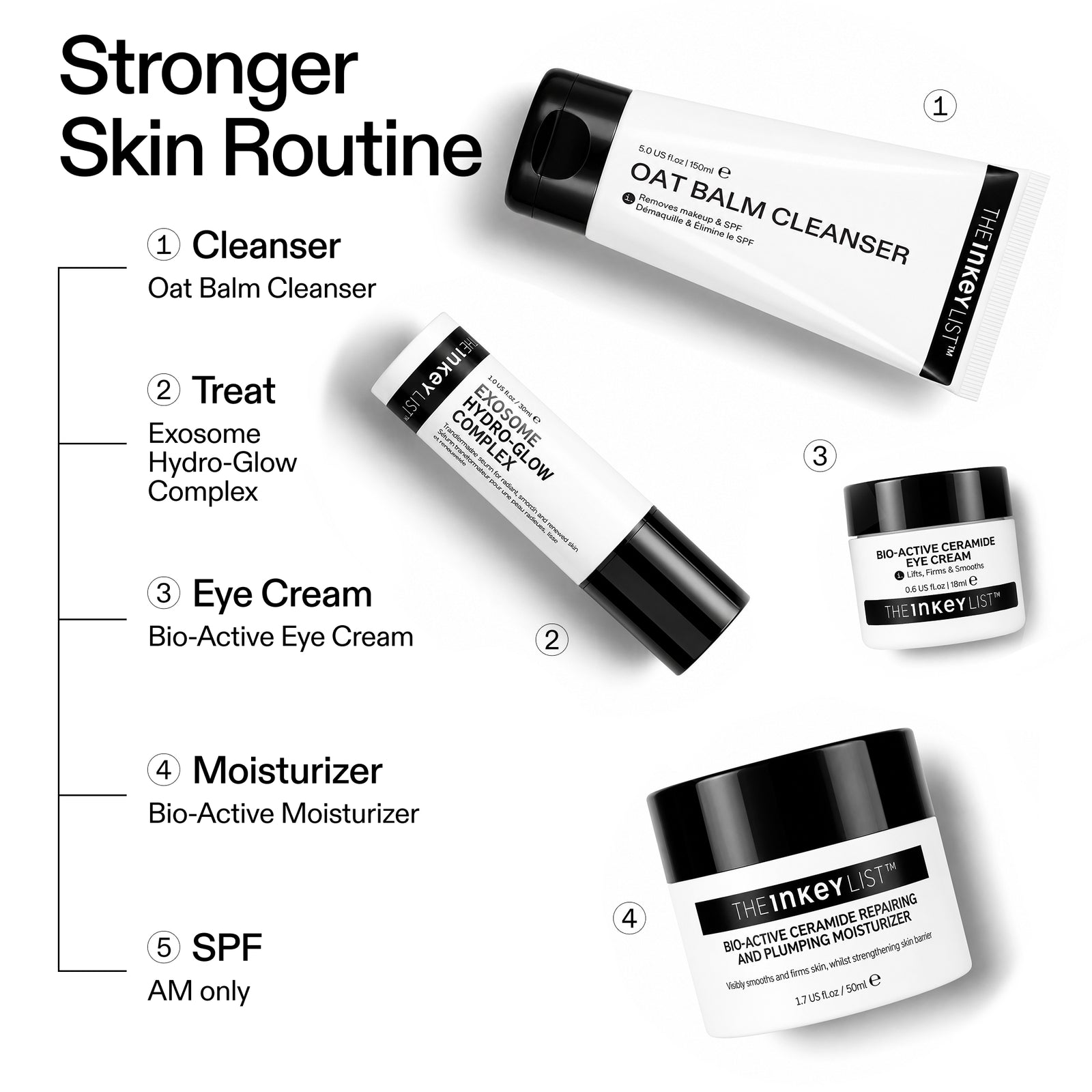 The INKEY List Stronger Skin Routine – Oat Balm Cleanser, Exosome Hydro-Glow Complex, Bio-Active Ceramide Eye Cream, Bio-Active Ceramide Moisturiser and SPF