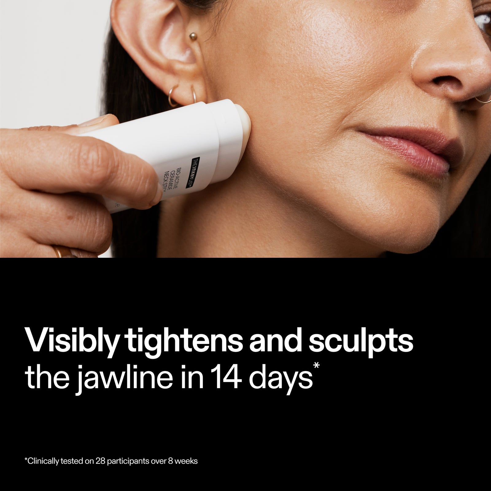 Model applying The INKEY List Bio-Active Ceramide Neck Stick – visibly tightens and sculpts the jawline in 14 days