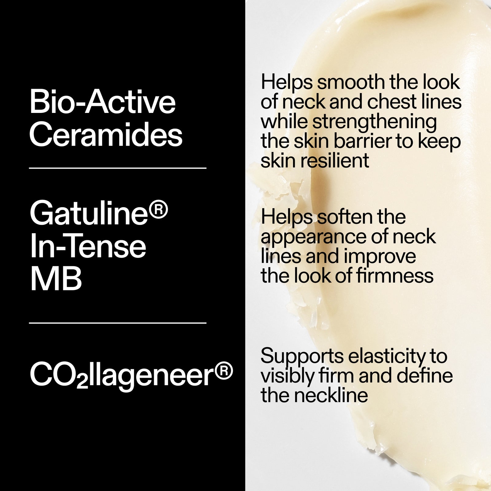 The INKEY List Bio-Active Ceramide Neck Stick key ingredients – Bio-Active Ceramides, Gatuline In-Tense MB and C02llegeneer.