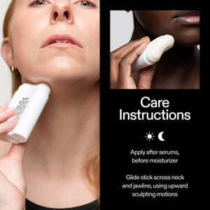 Model applying The INKEY List Bio-Active Ceramide Neck Stick with daily how-to routine steps