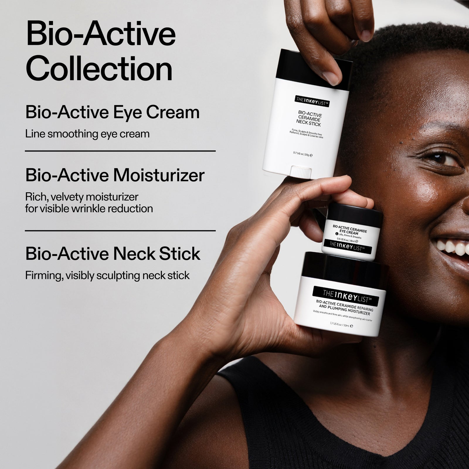 Model holding The INKEY List Bio-Active Ceramide Collection featuring the Bio-Active Ceramide Neck Stick