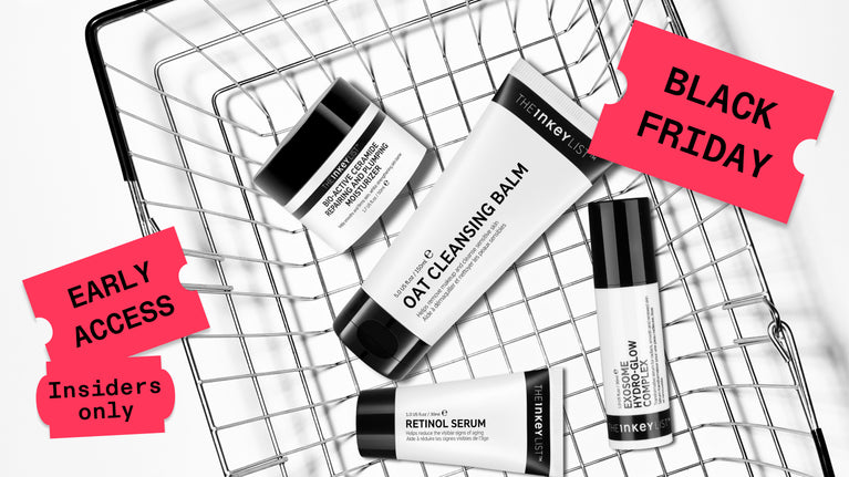 Cosmetic products on a wire rack with 'Black Friday' and 'Early Access' text overlay.