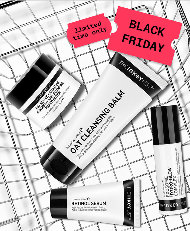 Inkey List skincare products with 'Black Friday' promotion on a wire rack background