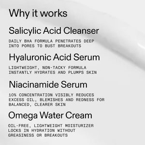 List of skincare products and their benefits on a white background