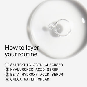 Step-by-step guide on how to layer a skincare routine with text and product depiction.