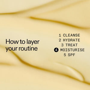 Text on a beige background about layering Blemish Clearing Moisturiser with 2% Novoretin in a  skincare routine with steps listed.