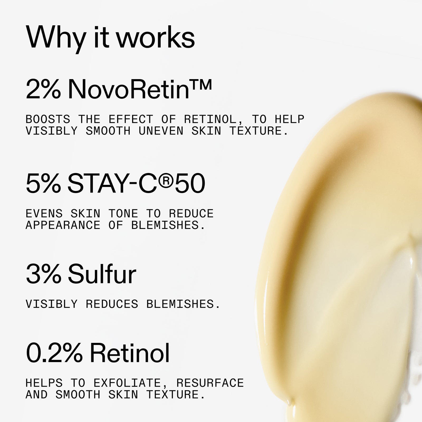  ingredients in Blemish Clearing Moisturiser with 2% Novoretin  and their effects on skin texture and tone.