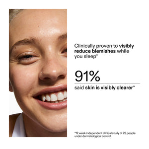 Advertisement for Blemish Clearing Moisturiser with 2% Novoretin showing a close-up of a person's face with text about clinical results.