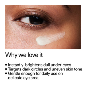 Close-up of eye with under-eye cream application and Brighten-i Eye Cream benefits