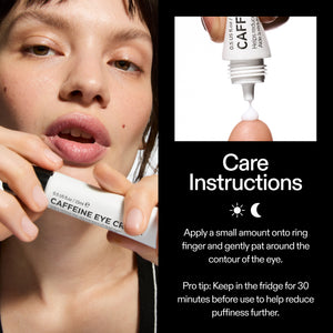Model applying The INKEY List Caffeine Eye Cream with daily how-to routine steps