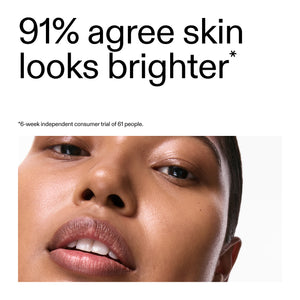 a close-up of a person's face with text indicating skin looks brighter after using Retinol Serum