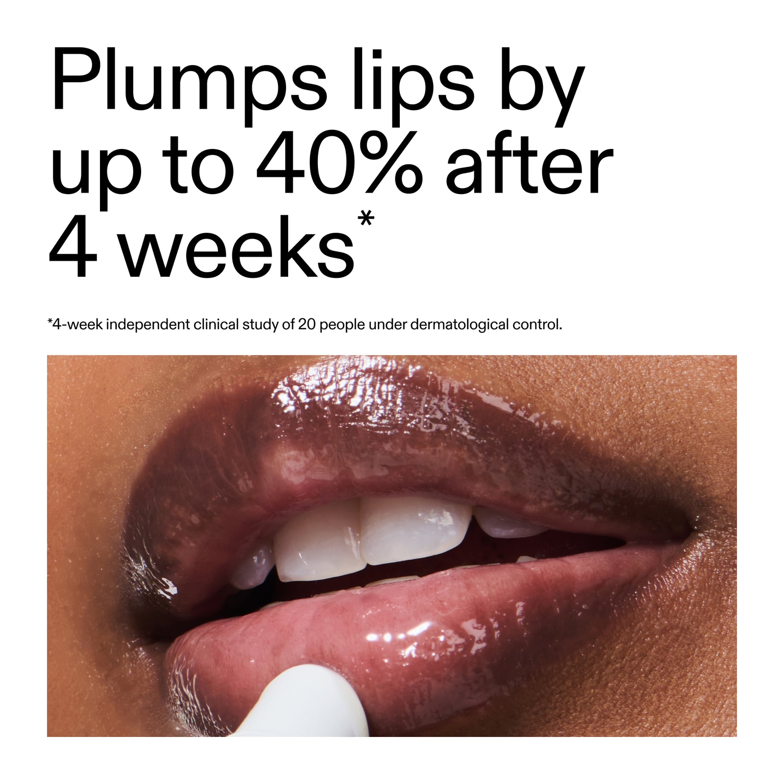 Lip plumping product advertisement with close-up of lips and text claiming 40% increase after 4 weeks.