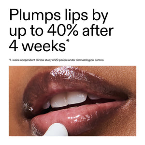 Lip plumping product advertisement with close-up of lips and text claiming 40% increase after 4 weeks.