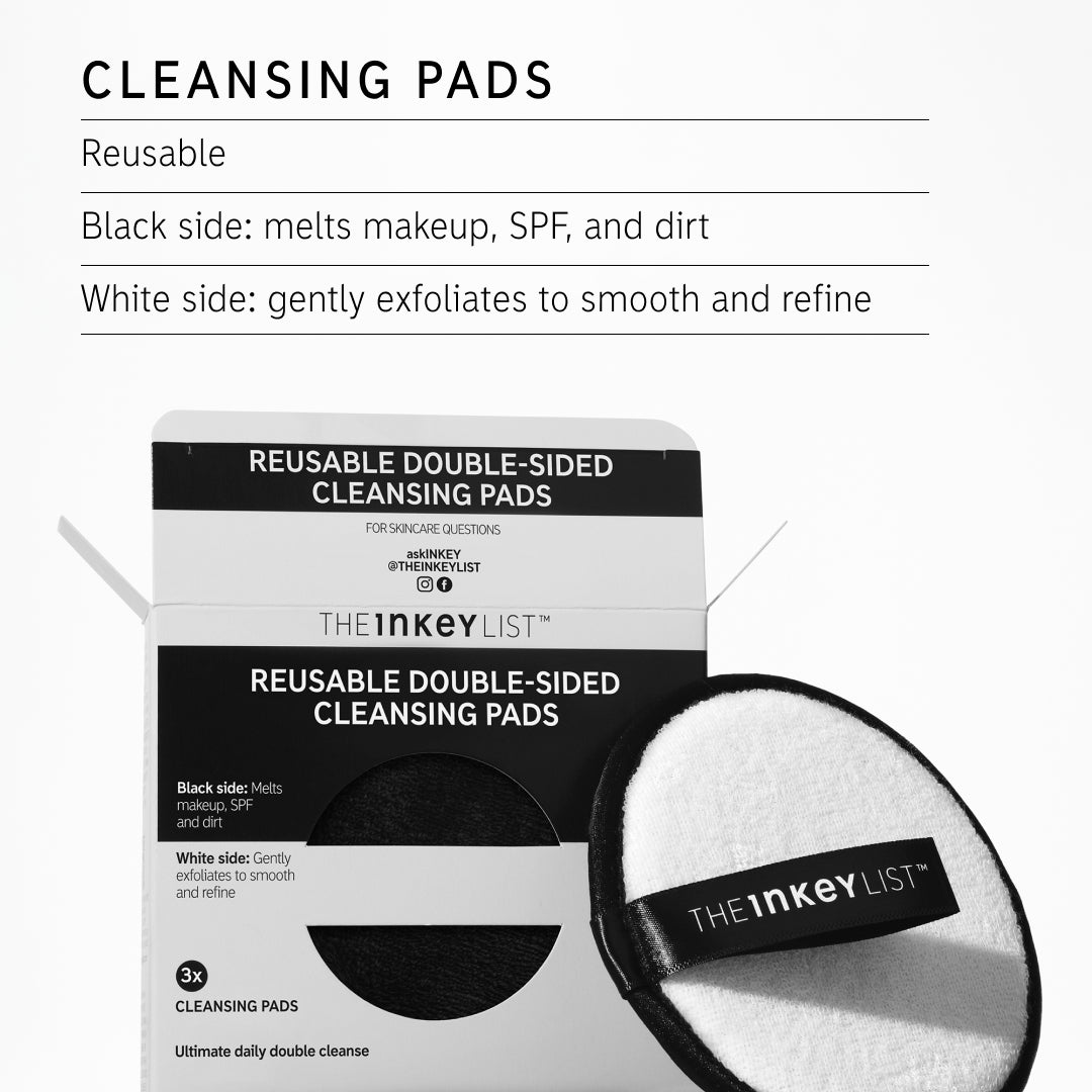 Cleansing Pad USP: Reusable, black side melts makeup SPF and dirt, White side gently exfoliate