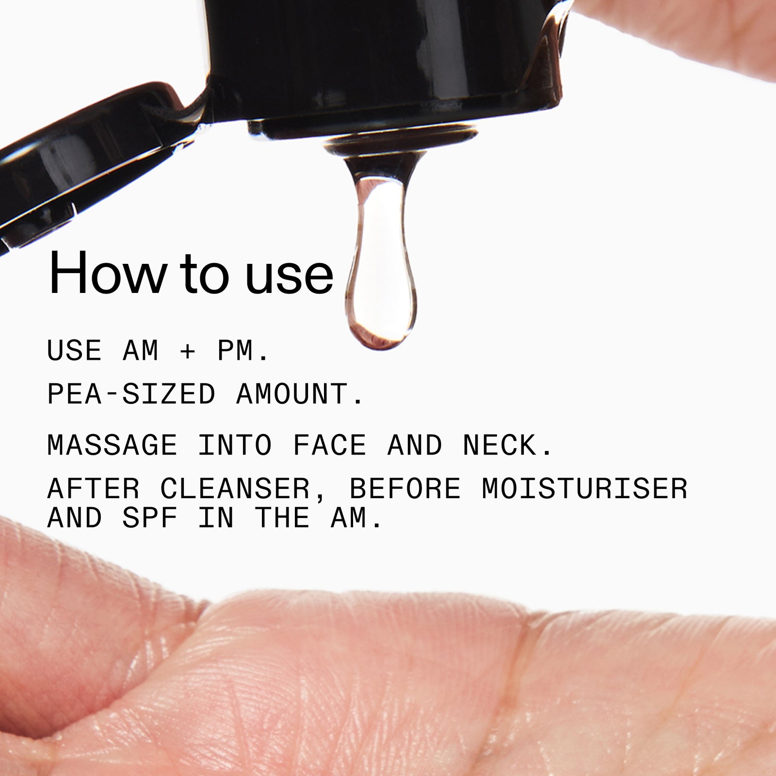 Close-up of a collagen serum being applied with text on how to use it.
