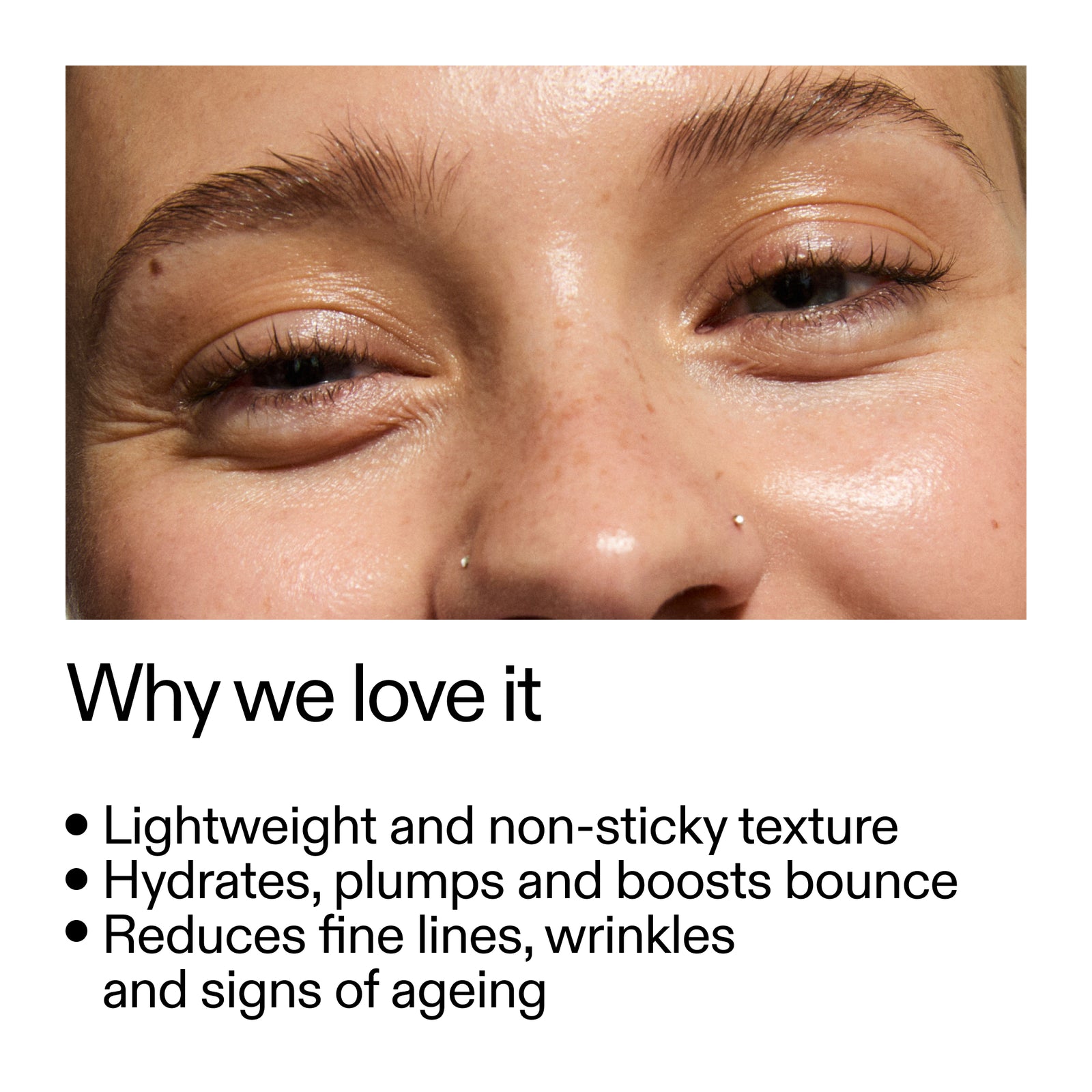 Close-up of a person's eye with text highlighting product benefits on a white background