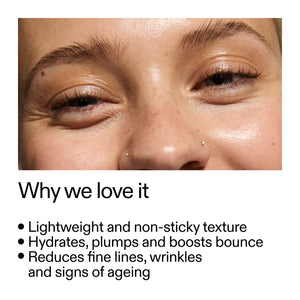 Close-up of a person's eye with text highlighting product benefits on a white background