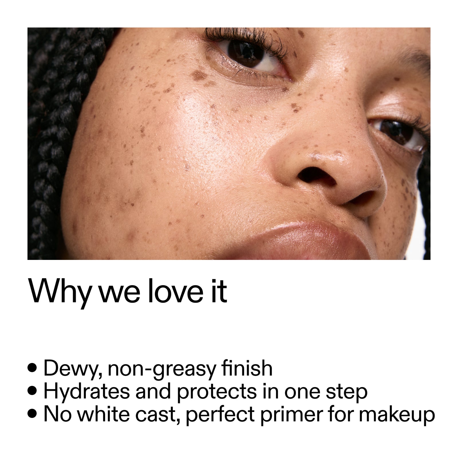 Close-up of a person's face with text highlighting Dewy Sunscreen SPF 30 product features.