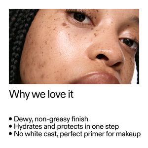 Close-up of a person's face with text highlighting Dewy Sunscreen SPF 30 product features.