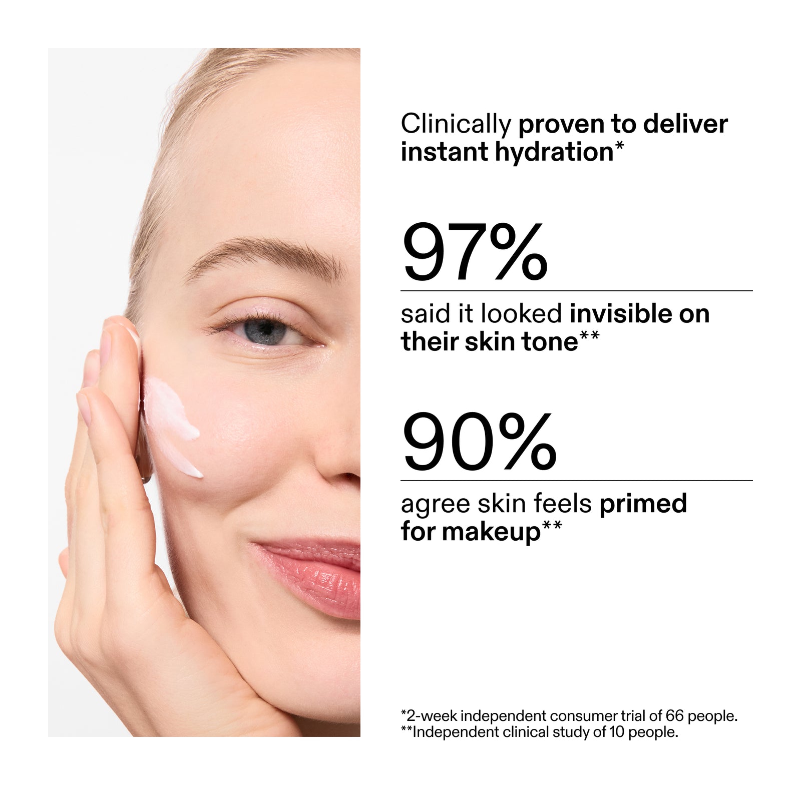 Advertisement for skincare product showing a woman's face with text about hydration and makeup priming from clinical trial