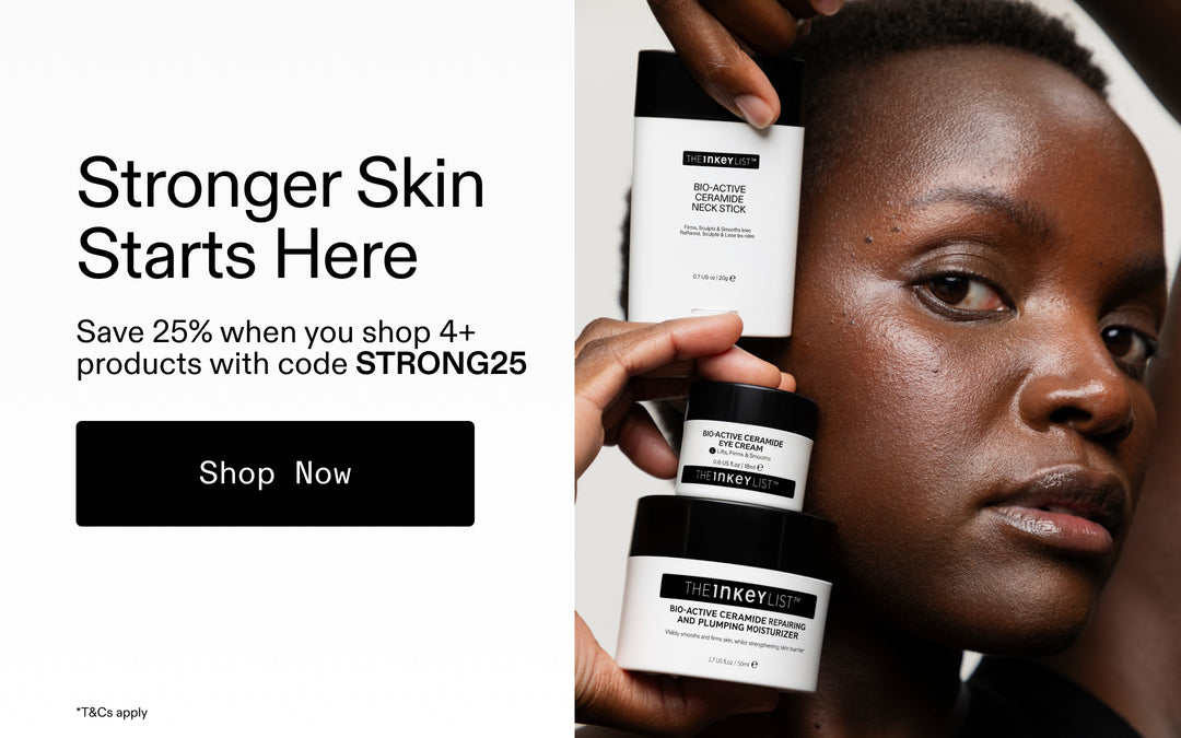 Promotional skincare banner with text reading 'Stronger Skin Starts Here' and a model holding three white and black INKEY cosmetics jars on the right side.