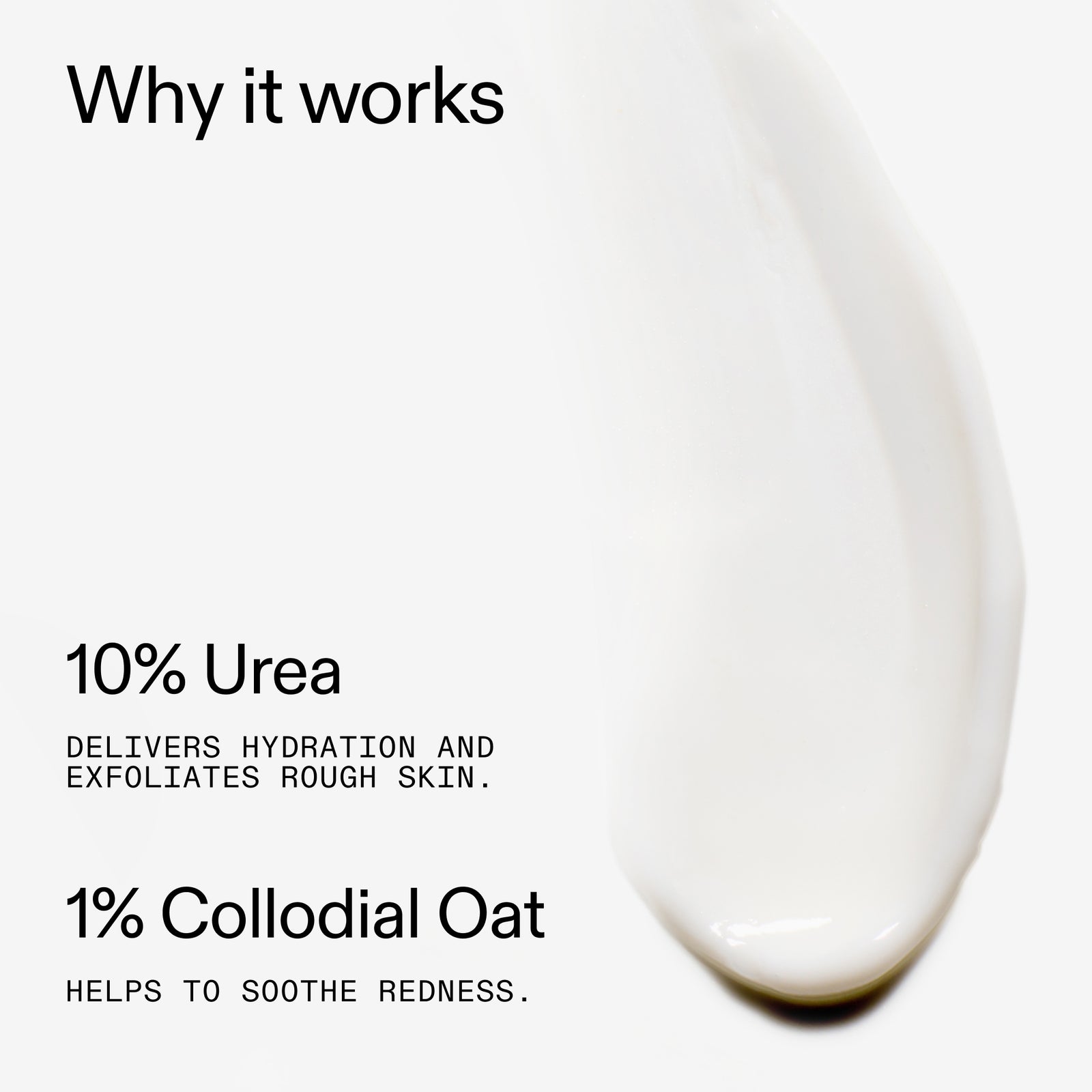 Close-up of a white cream with text explaining its ingredients and benefits of 10% Urea Moisturiser on a white background.
