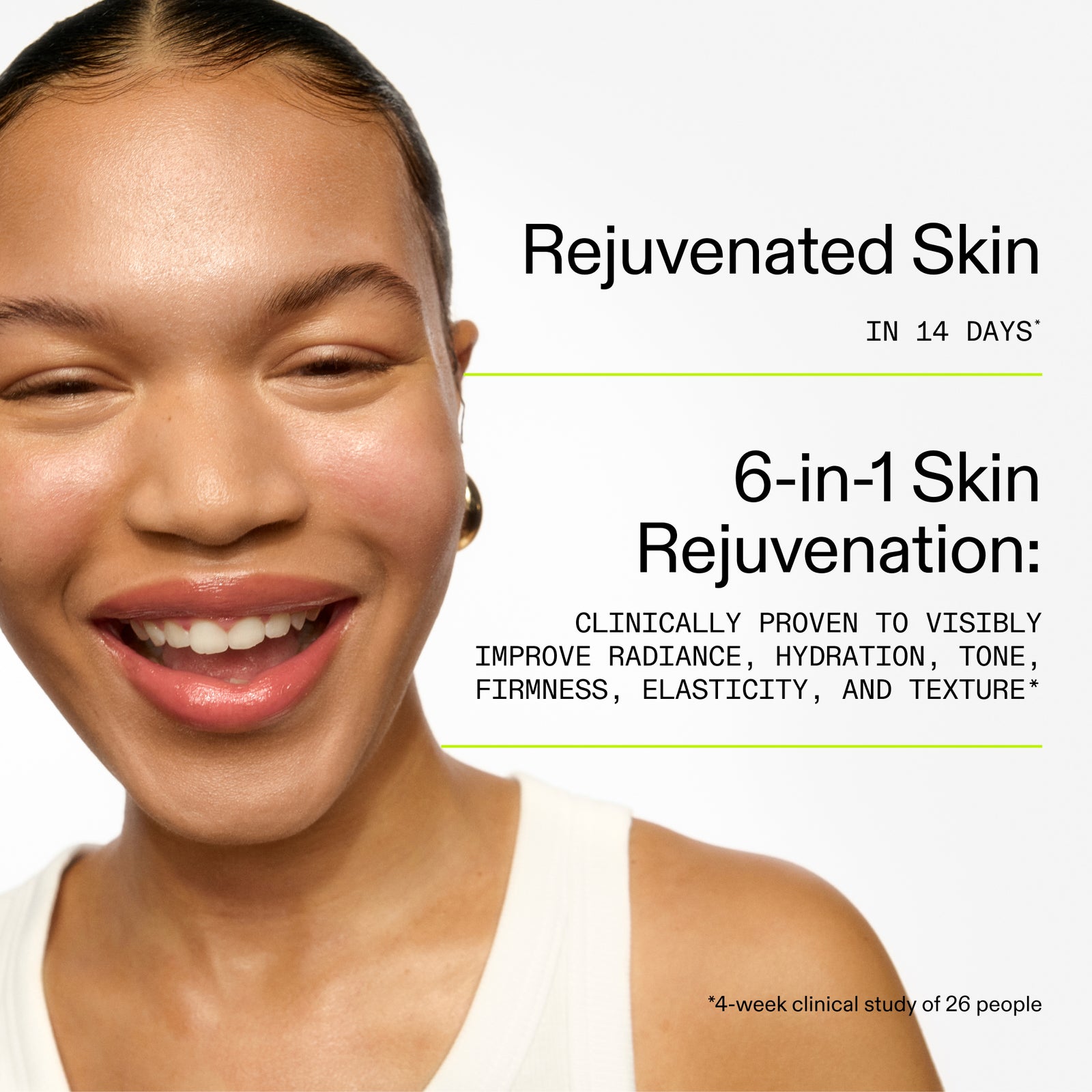 Advertisement for 6-in-1 skin rejuvenation with a smiling woman's face.