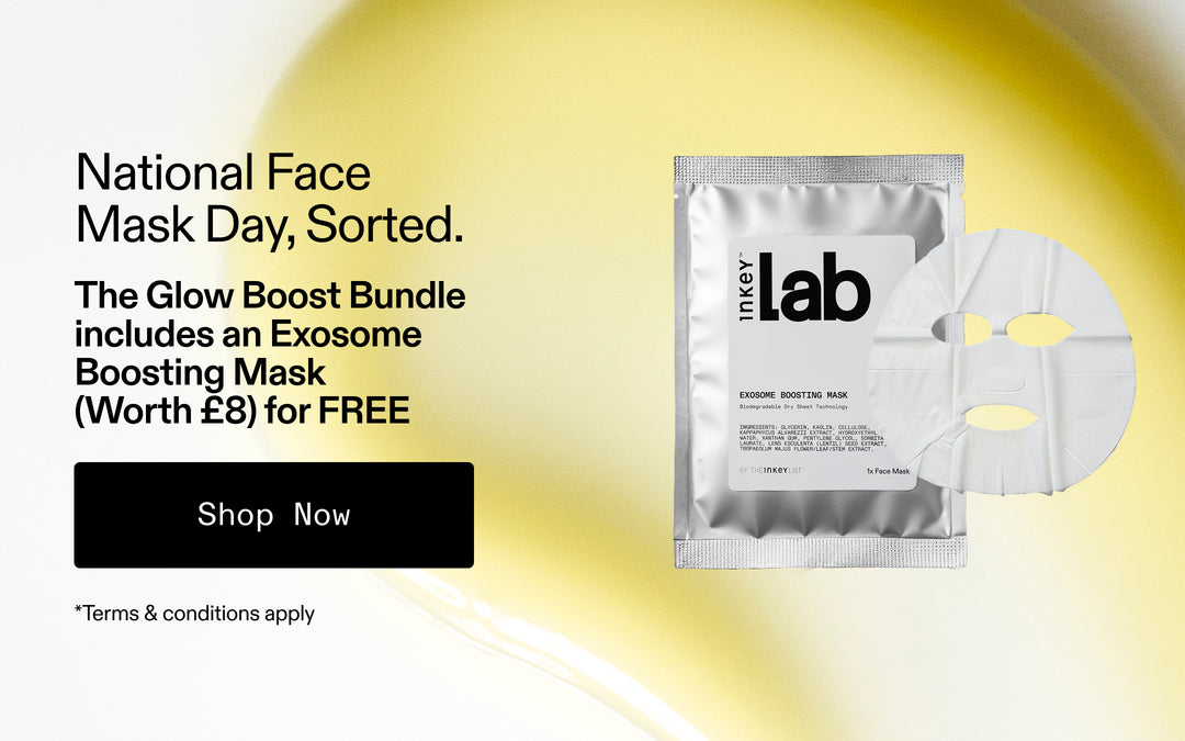 Promotional graphic for an inner lab face mask bundle, featuring a silver foil packet of exosome boosting mask next to a white sheet mask on a yellow and white gradient background with text detailing the offer.