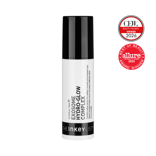 The INKEY List Exosome Hydro-Glow Complex bottle packshot, 1.0 fl oz/30ml with award badges