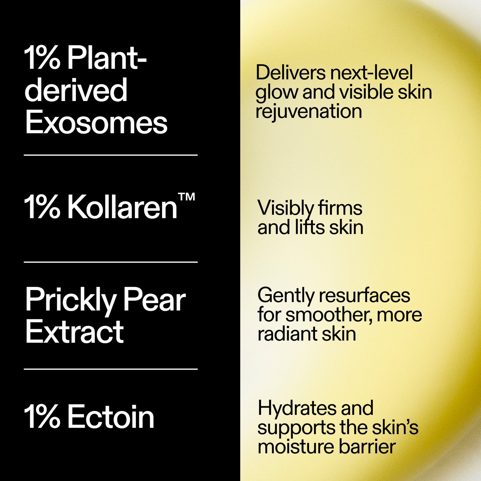 The INKEY List Exosome Hydro-Glow Complex key ingredients – plant-derived exosomes, 1% Kollaren, 1% Ectoin and Prickly Pear extract.