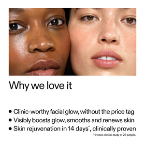 Two people's faces side by side with text about skincare product benefits.