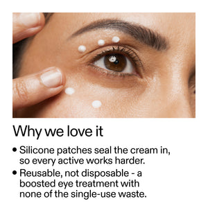Close-up of a person's eye with small white cream dots applied around the under-eye area, with text below reading 'Why we love it' and bullet points about sealing cream and reusable use.