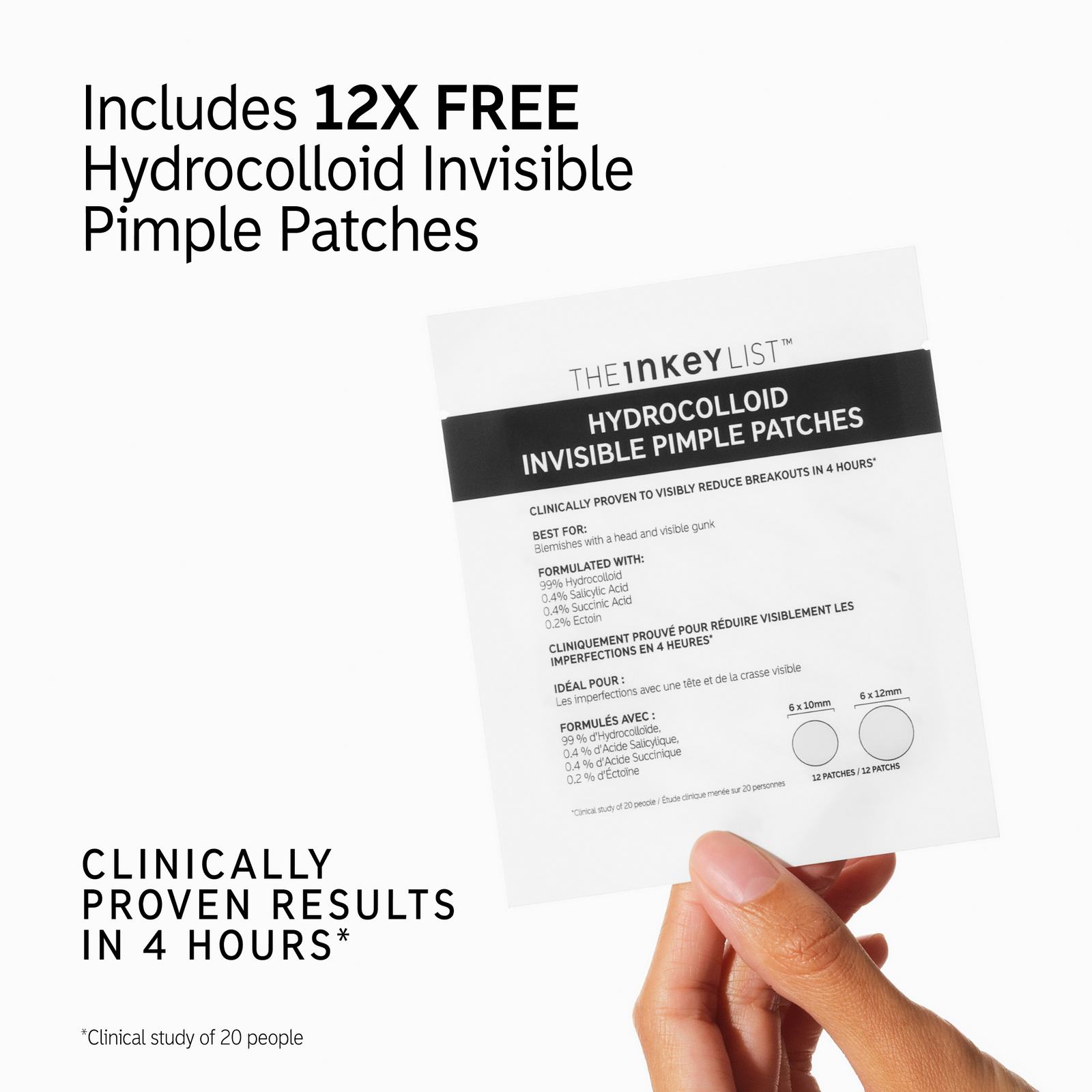 Includes 12x Free pimple Patches with key claim study