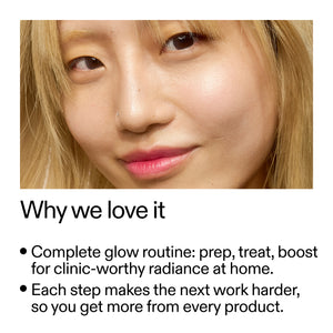 A close-up beauty photo of a woman's face with a glowing complexion, above text that reads 'Why we love it' and bullet points about a complete glow routine at home.