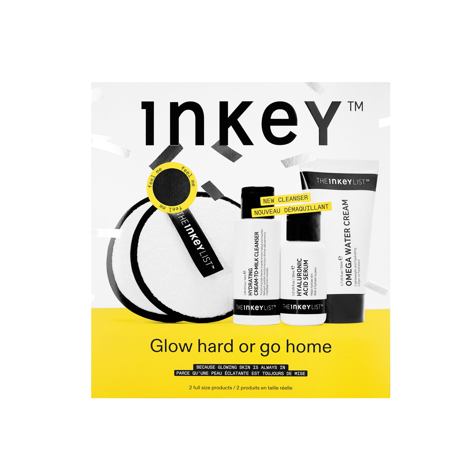 Inkey skincare product set with packaging on a white background