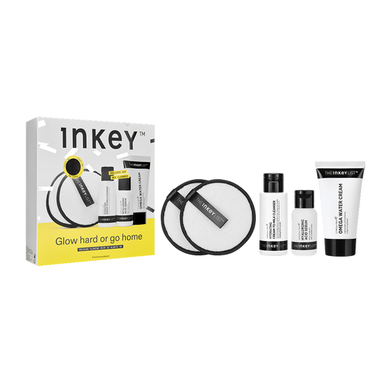 Inkey skincare product set with packaging on a white background