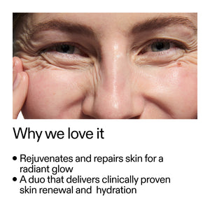 Close-up of a person's eye with text about skin rejuvenation and repair.