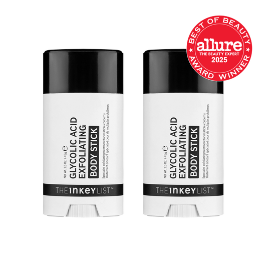 Two 'The Inkey List' glycolic acid exfoliating body sticks with an 'Allure' award badge on a white background.