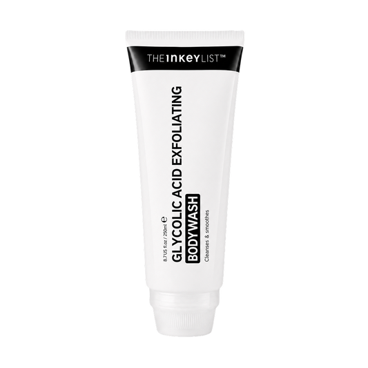 A white squeeze tube of The Inkey List Glycolic Acid Exfoliating Body Wash, featuring black text and a black top band, on a solid white background.