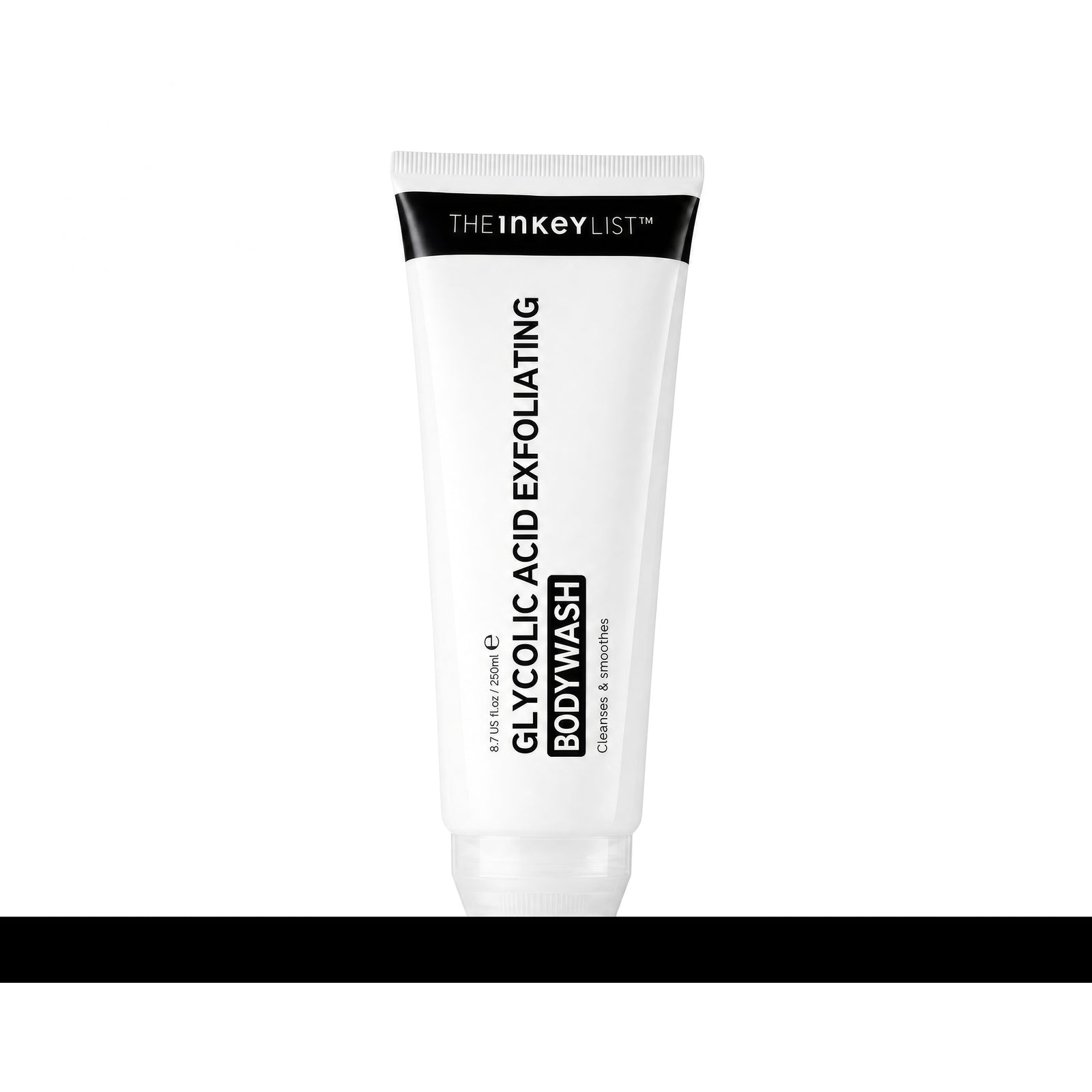 A white squeeze tube of body wash with black text and a black top band reading 'THE INKEYLIST' and 'GLYCOLIC ACID EXFOLIATING BODYWASH', centered on a white background with a thick black horizontal bar at the bottom.