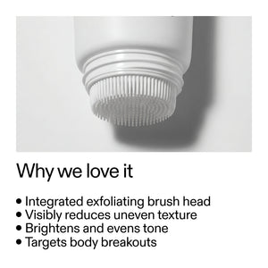 A close-up product photo of a white skincare bottle or applicator with a textured brush head, shown above a text section titled 'Why we love it' with bullet points about exfoliating benefits.
