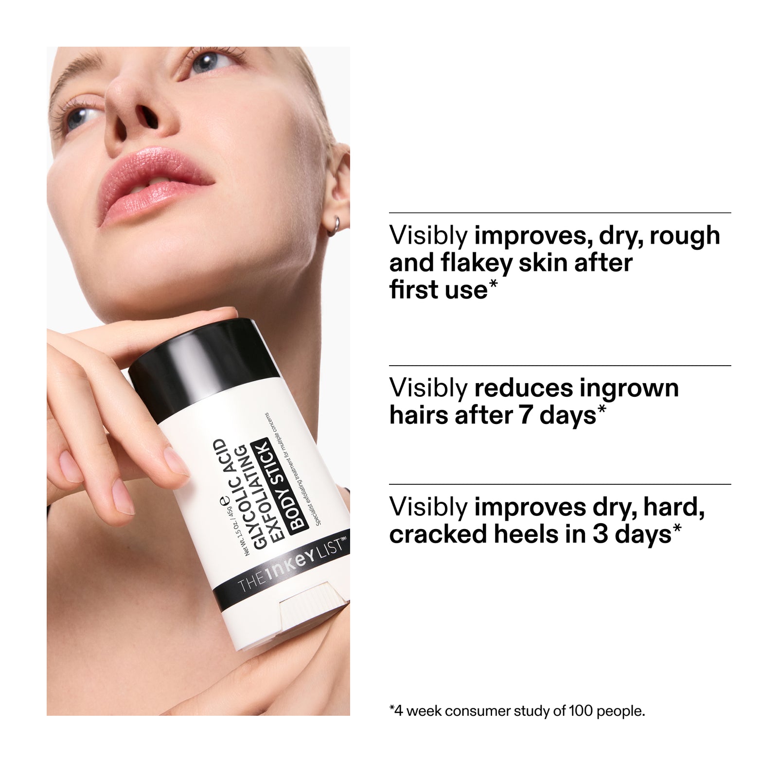 Exfoliating stick with text on skin benefits and study details