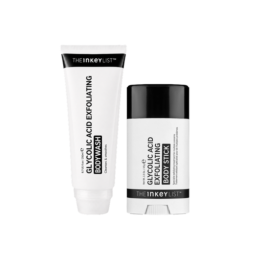 The Inkey List Glycolic Acid Exfoliating Body Wash tube and Glycolic Acid Exfoliating Body Stick in a clean white studio setting.