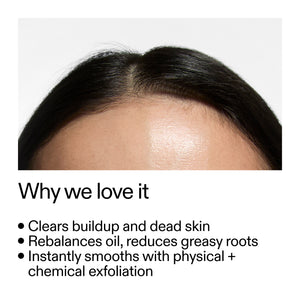 Close-up of a person's scalp with text highlighting Glycolic Acid Exfoliating Scalp Scrub  benefits.