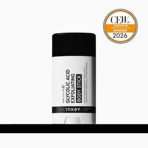 The Inkey List Glycolic Acid Exfoliating Body Stick in a white and black container, shown against a white background with a black bar at the bottom and a CEX 2026 award badge in the top right corner.