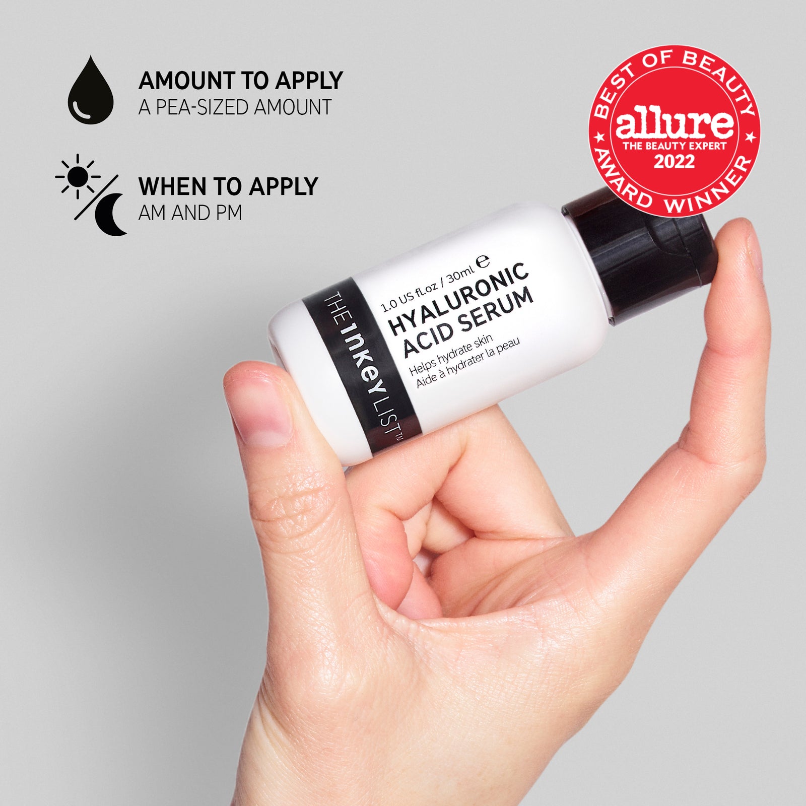 Instructions on how to apply Hyaluronic Acid Serum with allure badge