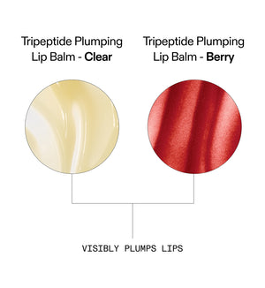A comparison graphic for Tripeptide Plumping Lip Balm showing two circular swatches: a clear pale yellow balm labeled 'Clear' on the left and a berry red balm labeled 'Berry' on the right, with text stating 'VISIBLY PLUMPS LIPS' below.