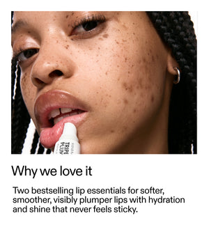 Close-up of a woman applying a lip balm tube to her lips, with text below reading 'Why we love it' and descriptive copy about two bestselling lip essentials.