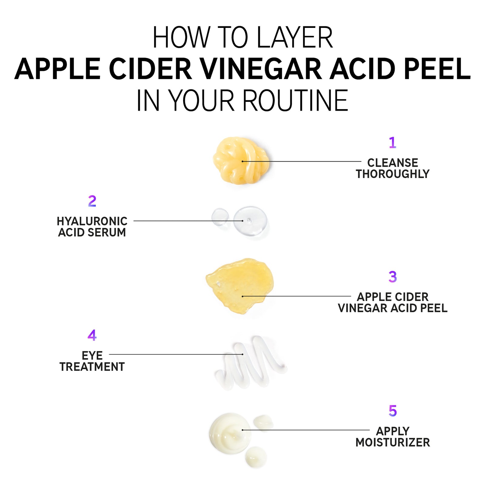 How to layer Apple Cider Vinegar Acid Peel in your routine Step 1. Cleanse thoroughly Step 2. Hyaluronic Acid Serum Step 3. Apple Cider Vinegar Acid Peel Step 4. Eye treatment Step 5. Eye treatment Step 6. Apply Moisturiser